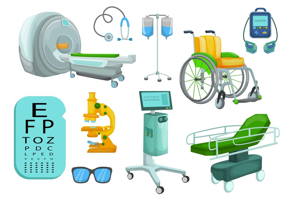Set of hospital medical equipment and devices vector cartoon. Tomograph, scanner, X-ray, MRI, fluorography, mammography. Health system, medical concept for advertising, apps