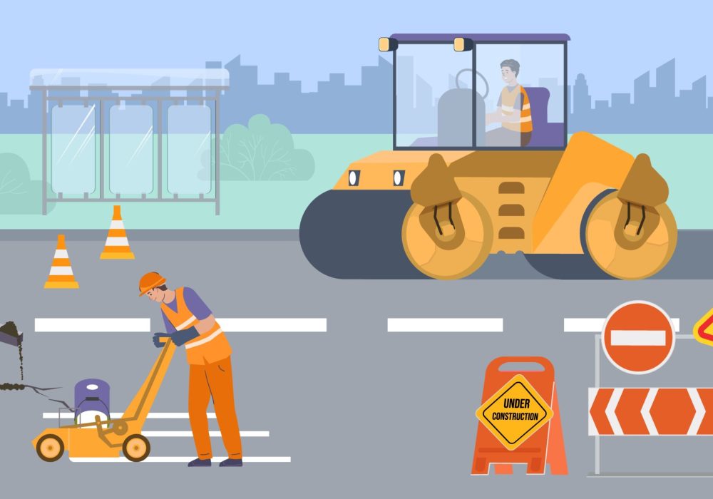 Road repair flat background with brigade of male workers in road form making asphalt maintenance vector illustration SSUCv3H4sIAAAAAAACA1VRwU7DMAz9FSvnjoG49Yg0IZCQpsFt4uAmXmeaJpOTdkNT/x2n2xDcbL+X955ezqbBxNbUZ8PeDykLZo7B1A+VIcc5CqM39f1UmZQxD4mScnWzmKlVdN5vIttzuZvaPKHtWolDcGn5Qac8iPJUYmj+g2aqbk9egiv2xe5GfONkyXsMFAelflYGWwr2uyTQCEKecA60Vag7ZpL+mm5kR/Ey4uC4jGaMFr3ijyW9WsW+XFvBw56t8EhSdkfJ6mA2ER0IHZAFdh4zNL+p4ch5D41wi44g7qBHT3CM0pEk4ABS3u6i9Ip0HFrAdNijz7pyyBQwWIKRrLYLf1u/g5VWjo2qrdbvgGq1oeBIiujr+nnW1LIqk0+lMlNdu7topWVsvnRKyx7Dotdwi+tBibHTP52m6QdelCXu8QEAAA==